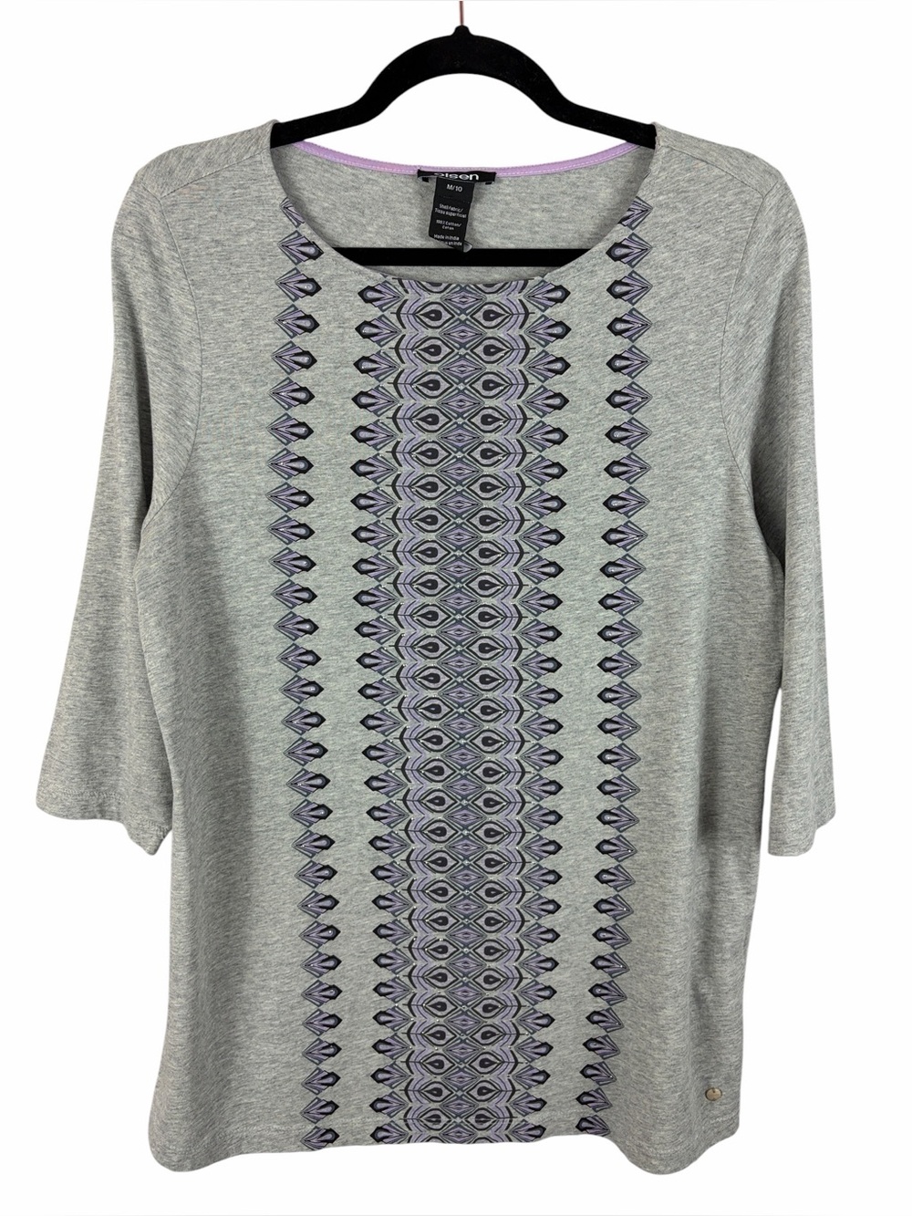Olsen Gray Geometric Print Embellished Cotton Top 3/4 Sleeve Medium (10)